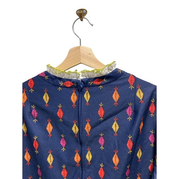 Vintage Amy Adams Vintage Printed Midi Dress Blue Size L 60’s Mid Century Modern - Picture 8 of 11